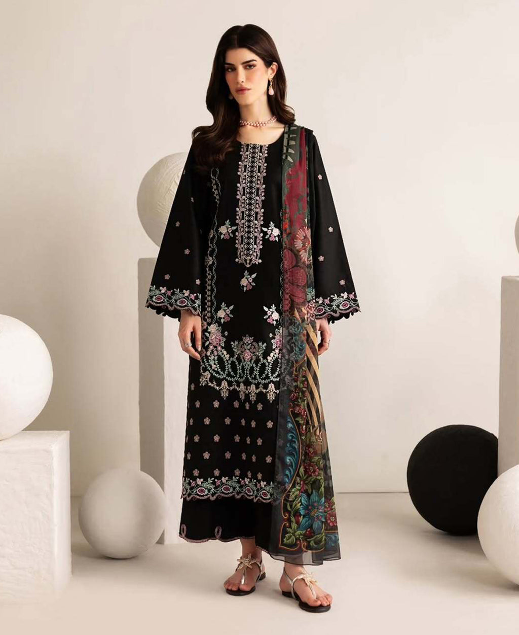 3 Piece Lawn Embroidered dress - Black Florette