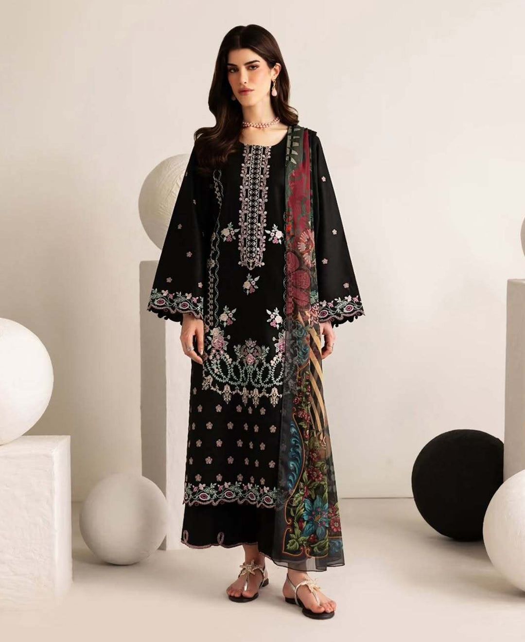 3 Piece Lawn Embroidered dress - Black Florette