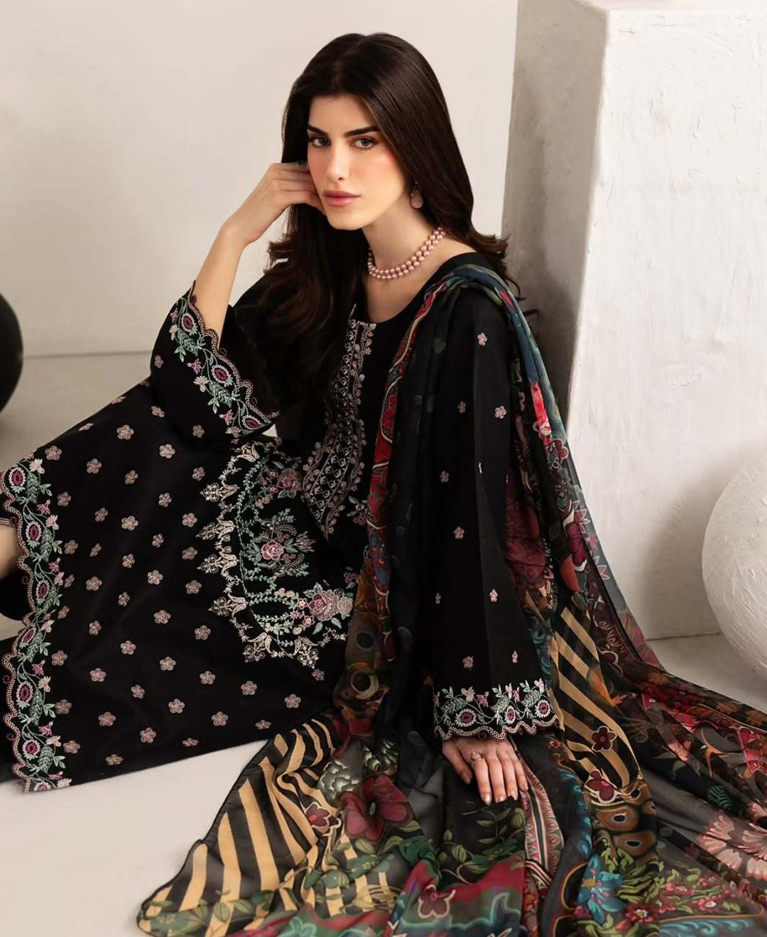 3 Piece Lawn Embroidered dress - Black Florette