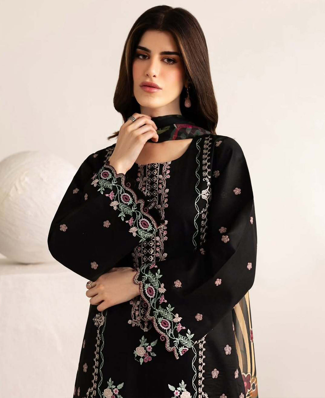 3 Piece Lawn Embroidered dress - Black Florette