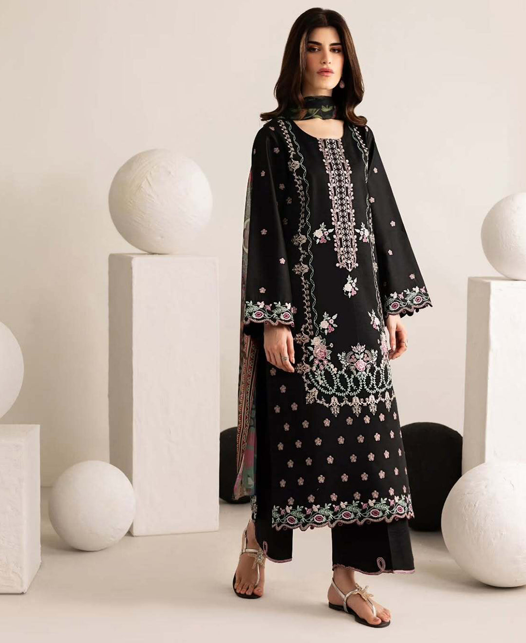 3 Piece Lawn Embroidered dress - Black Florette