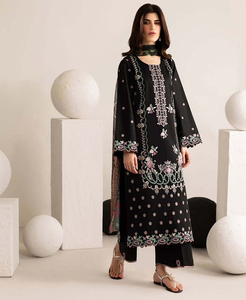 3 Piece Lawn Embroidered dress - Black Florette